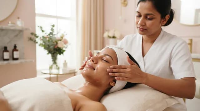 Beautician applying a hydrating facial treatment to a client at Glowing Nest