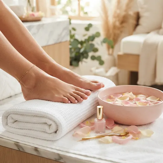 Pedicure treatment with rose petals and warm towels